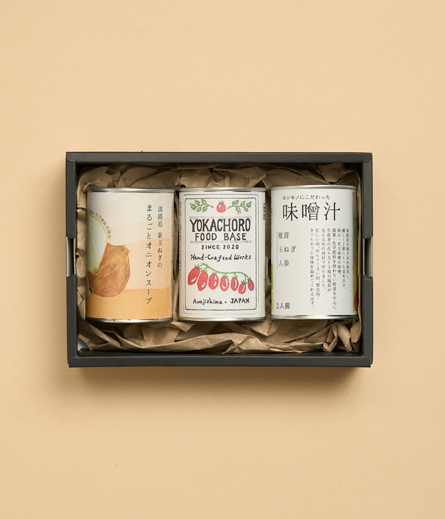 YOKACHORO 缶詰3種セット（しいたけ味噌汁缶 / トマトソース / オニオンスープ※淡路島産）
